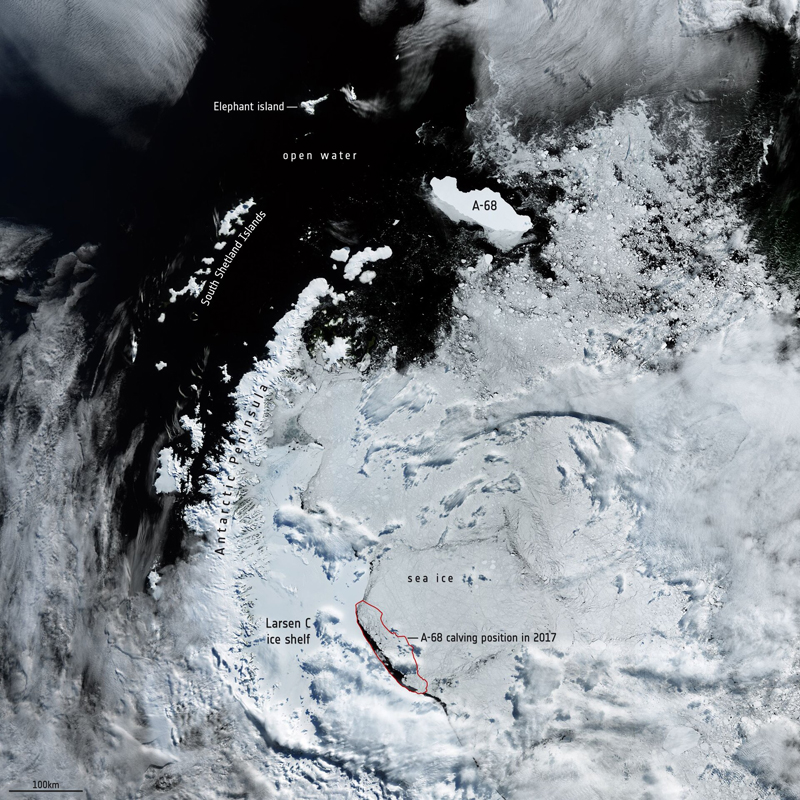 A-68's position in February 2020 (top) and calving point in 2017 (red outline). The wider-view image below from the Copernicus Sentinel-3 mission shows A-68A's 3-year position, 1050km north from its origin.