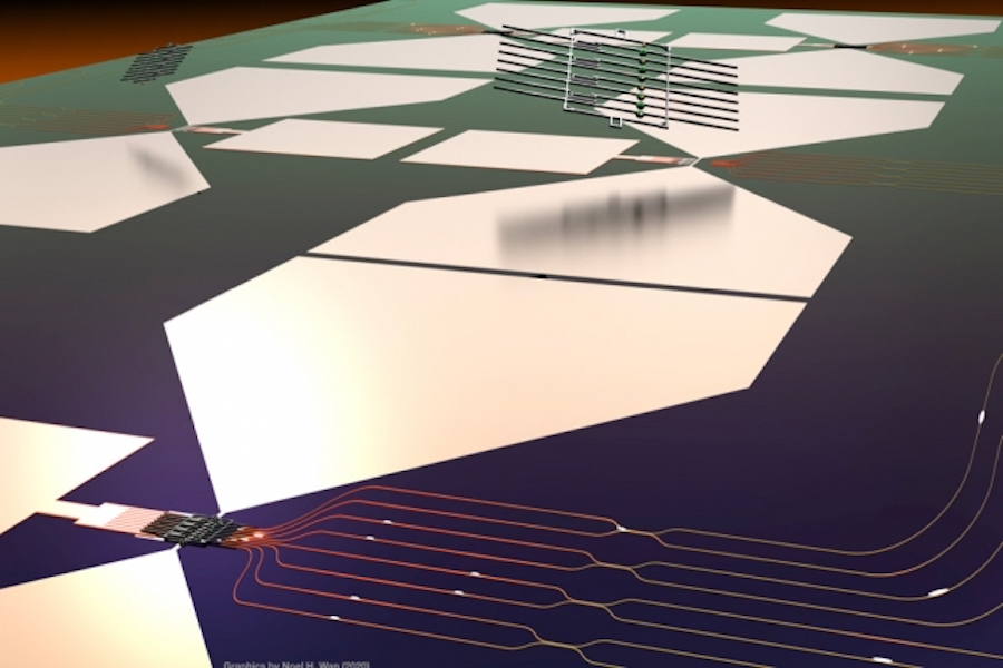 A stylized rendering of a functioning quantum micro-chiplet, which emits single-photon pulses that are routed and manipulated on a photonic integrated circuit. Credit: Noel H Wan/MIT
