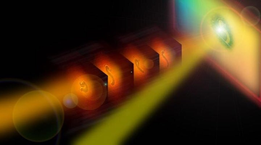 Artistic rendering of non-degenerate two-photon absorption (NTA) for the detection of mid-infrared (MIR) by a silicon-based camera. Credit: David Knez, Adam Hanninen, Richard Prince, Eric Potma and Dmitry Fishman.