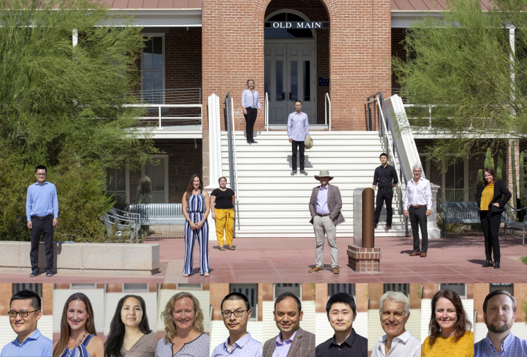 Socially-distanced: UArizona CQN team members Zheshen Zhang, Allison Huff, Brianna Moreno, Catherine Brooks, Quntao Zhuang, Saikat Guha, Linran Fan, Bane Vasic, Jane Bambauer and Justin Walker. Image: UArizona.