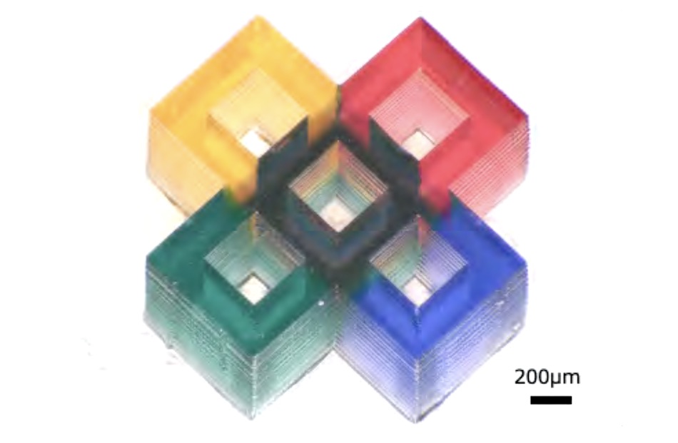 Adjusting the number of layers of multicolor resins changes the light absorbance for each part of a structure, producing layers of red, blue, green and yellow. Credit: Shoji Maruo/Yokohama National University.
