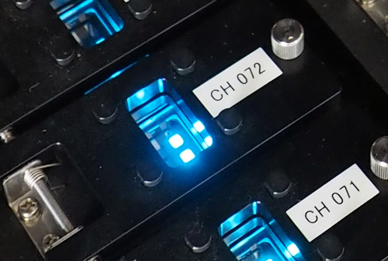 True blue: Highly efficient, pure-blue organic light-emitting diodes are tested to measure their lifetime. Image: Kyushu University's Center for Organic Photonics and Electronics Research (OPERA).