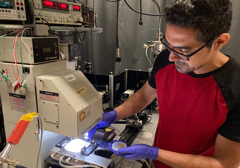 University of Oklahoma graduate student Hadi Afshari measuring next-generation solar cells on the solar simulator in the Sellers Lab. Ian Sellers is the lead on a new grant to develop ultra-high-efficiency solar cells. Photo: Hadi Afshari, Sellers Lab, University of Oklahoma