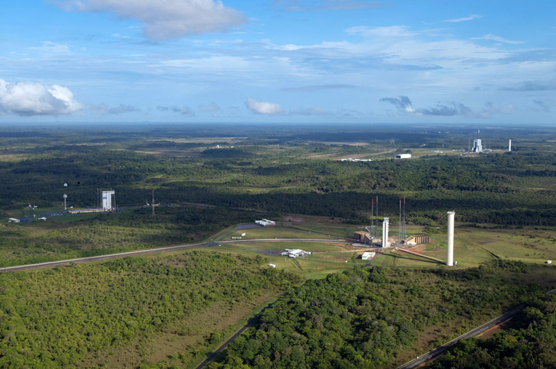 Launch site: aerial view over Europe's Spaceport in Kourou in French Guiana (on 28 July 2021). Pictured from left to right, the Vega, Ariane 5 (foreground) and Ariane 6 (background right) launch zones at Europe's Spaceport in Kourou, French Guiana. &copy; S. Corvaja / ESA.