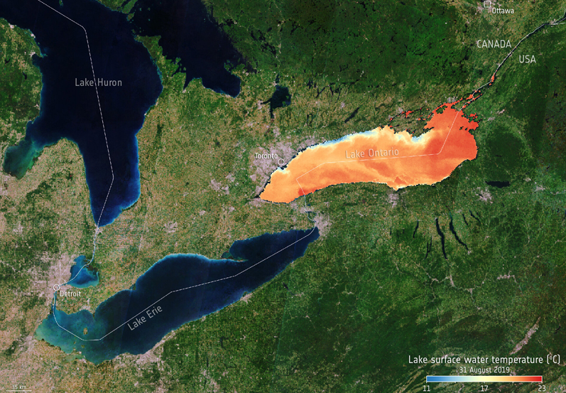 Great Lakes: hotter water cannot be explained solely by natural climate variability. Image: ESA / VUB.
