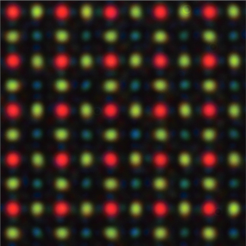 This color microscopy image shows the measured light profile on the sensor pixels under normal illumination. The efficiency of color sorting and focusing into each target pixel can be observed. Credit: Masashi Miyata, NTT Device Technology Labs.