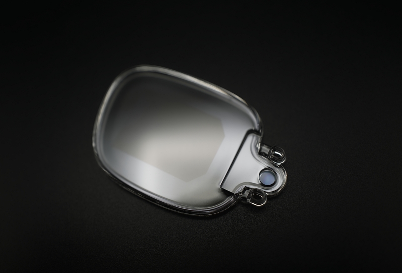 Using 3D printed optics means that the intricate input and output waveguides in the WaveOptics designs are completely embedded within a prescription lens. The technology is set to be unveiled at next month's SPIE AR/VR/MR digital forum event. Photo: WaveOptics/Luxexcel.