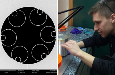 Left: Light propagates through a central hole of the hollow-core fiber. Right: Lead author Vincent Michaud-Belleau from COPL, Universit&eacute; Laval.