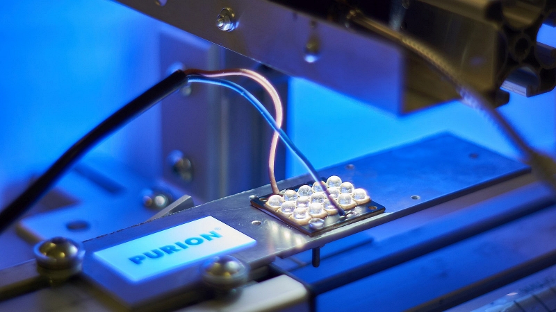 This image shows testing of UVC LEDs developed at the Fraunhofer Institute of Optronics, System Technologies and Image Exploitation in Ilmenau. California's Bolb says that its disruptive approach to device layer fabrication delivers much better efficiency and output power, suggesting that deep-UV applications like surface, air, and water disinfection could be dramatically boosted with cheaper, more effective, and more readily available UVC emitters. &copy; Fraunhofer IOSB-AST/Martin K&auml;&szlig;ler