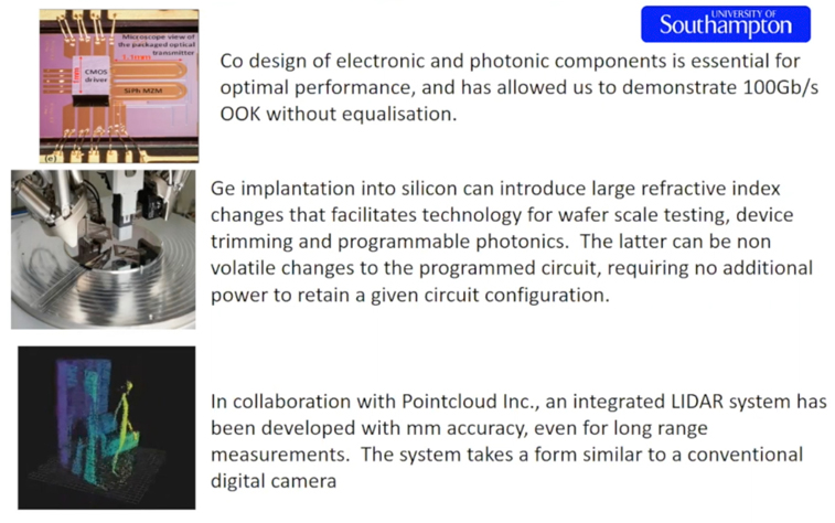 ORC's Prof. Graham Reed focused on three key areas on silicon photonics. Slide courtesy of Prof. Graham Reed, ORC.