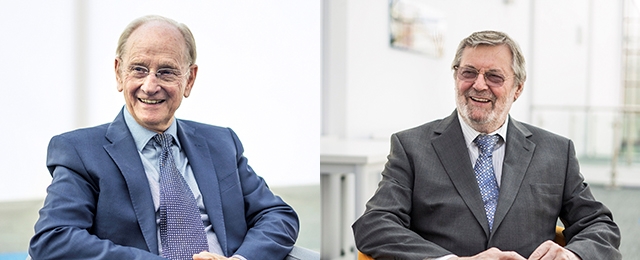 Renishaw's founders Sir David McMurtry (l) and John Deer, who set up the metrology company in 1973. Having decided to sell their combined equity stake of 53%, Renishaw is now being offered for sale via a formal process including a confidentiality clause. Photos: Renishaw.