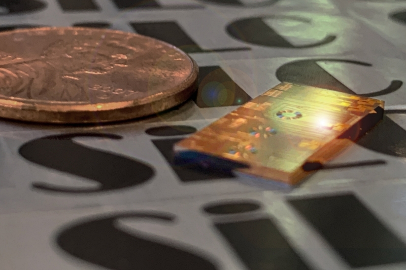 SiLC's fully integrated FMCW lidar imaging chip, shown next to a US one-cent coin for scale. The company is one of a select few within the crowded lidar space to focus on FMCW. Photo: Business Wire.