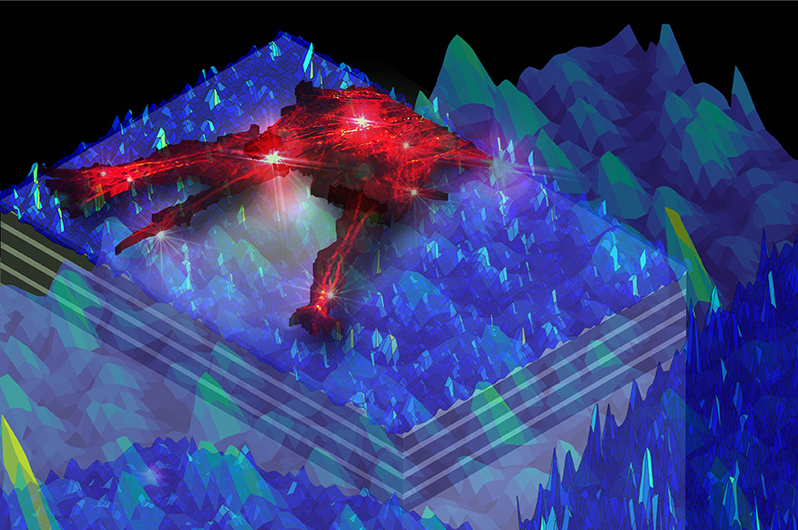 Artistic rendering of the new super resolution microscopy technology. Animal cells (red) are mounted on a slide coated with the multilayer hyperbolic metamaterial. Nanoscale structured light (blue) is generated by the metamaterial and then illuminates the animal cells. Image credit: Yeon Ui Lee / UCSD.