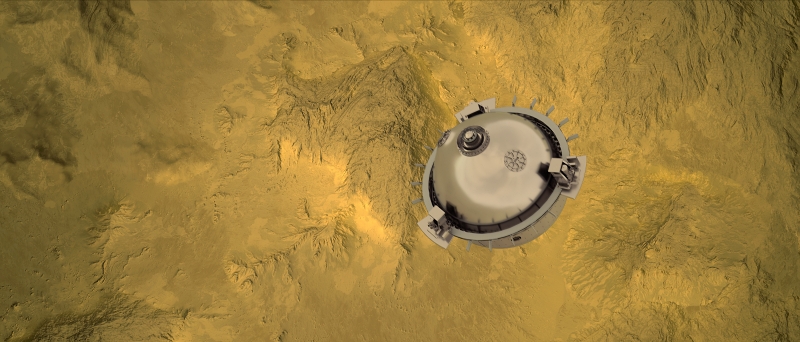 NASA's DAVINCI+ mission will send a meter-diameter probe into the hostile high temperatures and pressures near Venus' surface. It will explore the atmosphere from above the clouds to near the surface of a terrain that may have been a continent in the past. During the final kilometers of its free-fall descent, the probe will capture images and chemical information deep into the Venutian atmosphere for the first time. Image: NASA GSFC visualization by CI Labs Michael Lentz et al.