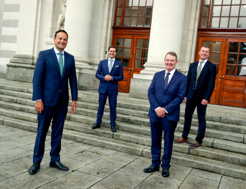 Pictured at Government Buildings are (L-R) An T&aacute;naiste and Minister for Enterprise, Trade and Employment, Leo Varadkar TD; Martin Shanahan, CEO, IDA Ireland; Austin McCabe, Director, OLED Material Manufacturing Limited; and Gerry Cahill, PPG Plant Manager, Shannon. Photo: Maxwell Photography. 