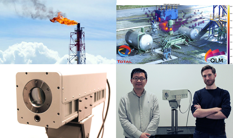 Methane flaring at a refinery; results from a test project with Total; the new quantum-enabled gas imaging camera; and QLM team members Xiao Ai, CTO, and Alex Dunning, Head of Engineering. Images courtesy of QLM.