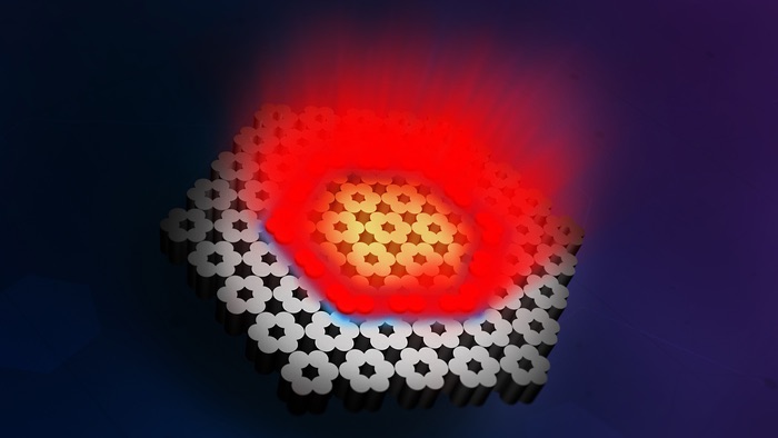 Artist's rendering of a topological array of VCSELs. All 30 microlasers along a topological interface (blue) act as one, collectively emitting coherent laser light (red).
