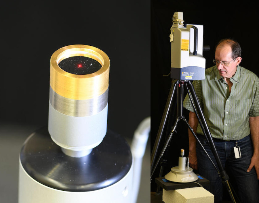 Close-up of a microphone with the laser spot hitting the center of its diaphragm, and NIST's Richard Allen with the laser-based microphone calibration setup. Credit: NIST.