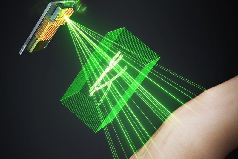 Hologram implemented with two-dimensional semiconductor WSe2/ReSe2, which is a polarization-sensing photodiode, ReSe2 on the front and WSe2 on the back are imaged in three-dimensional space. CREDIT Korea Institute of Science and Technology. (KIST).
