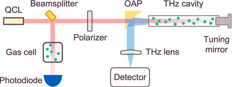 Schematic of the experimental setup. A gold-plated silicon wafer was used as a beamsplitter to reflect a small portion of the pump beam into the reference gas cell, while the rest entered the THz cavity. Image courtesy of the Capasso Lab/Harvard SEAS.