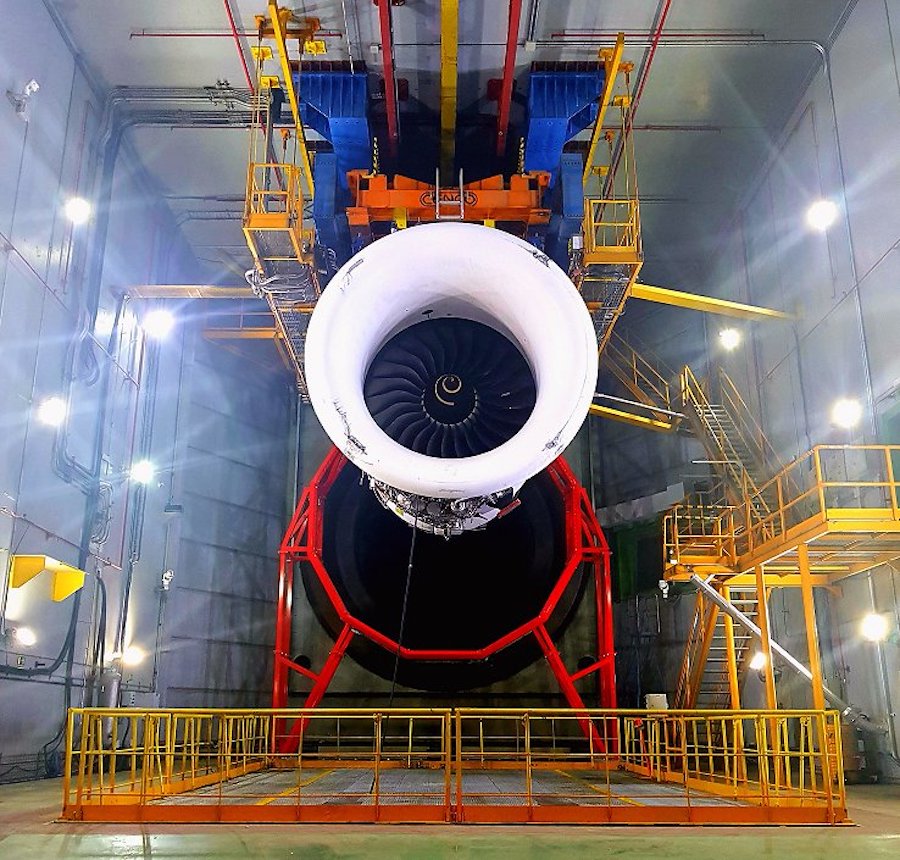 The researchers used a 7-meter-diameter optical mounting frame (red) located 3 meters from the exit nozzle of the engine. The testing facility is at the Instituto Nacional de Tecnica Aeroespacial (INTA) in Madrid. Credit: Gordon Humphries, University of Strathclyde.
