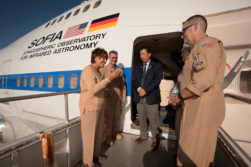 US Congress representative Anna G. Eshoo with Eugene Tu, center director at NASA's Ames Research Center, seen visiting SOFIA shortly after the airborne observatory's retirement. Photo: NASA/Dominic Hart.