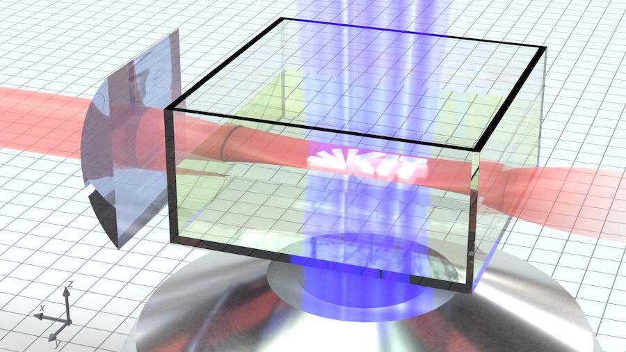 In light sheet 3D printing, red and blue laser light is used to print objects precisely and quickly on a micrometer scale. Credit: Vincent Hahn, KIT.