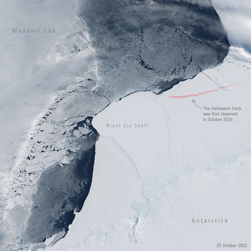 To mark Halloween, ESA published this recent Copernicus Sentinel-2 image of the Halloween Crack in Antarctica.