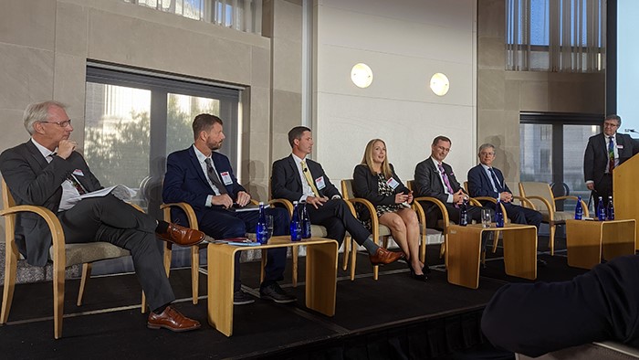 Business leaders discuss how the US Government and the photonics industry can work together. Panelists and moderator (L to R) Bernard Kress, Google; Jay Kumler, JENOPTIK Optical Systems; Samuel Sadoulet, Edmund Optics Inc.; Jennifer Cable, Thorlabs, Inc.; Mark A. Tolbert, TOPTICA Photonics, Inc.; Craig Walling, Hamamatsu Corporation; Kent Rochford, SPIE. Photo: SPIE.