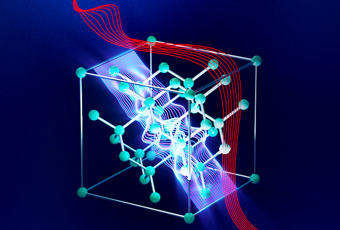 Picophotonics in the 3D lattice of silicon atoms. The red wave represents the conventional electromagnetic wave propagating in the solid. The blue inner wave represents the new predicted picophotonic wave. Graphic provided by Dr. Zubin Jacob / Purdue University.
