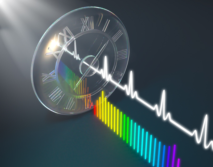 <cap 1> A time lens transforms a continuous-wave, single-color laser beam into a high-performance, on-chip femtosecond pulse source. Credit: Second Bay Studios/Harvard SEAS.