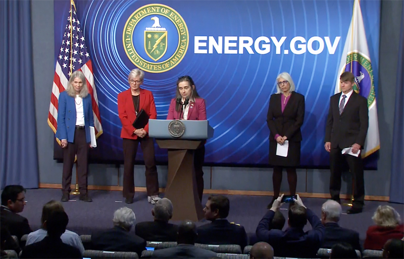 LLNL Director Dr. Kim Budil (center) addresses the fusion press conference. She said, 