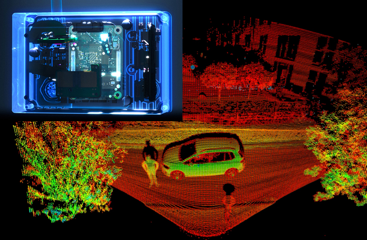 Blickfeld's qB2 compute module (inset) and a QB2 lidar point cloud street view. Images: Blickfeld.