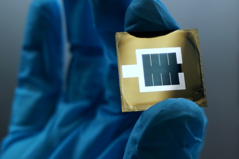 The record-breaking perovskite/silicon tandem solar cell developed by HZB researchers. The Berlin lab is one of several leading institutions now working in an exclusive consortium to industrialize the technology with Meyer Burger. &copy; Johannes Beckedahl/Lea Zimmerman/HZB.