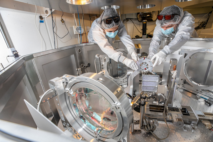 Postdoctoral researcher Sahel Hakimi and graduate student Jared De Chant make adjustments to iP2 at BELLA. The new facility will expand research capabilities for Berkeley Lab and the LaserNetUS community. Credit: Marilyn Sargent/Berkeley Lab.