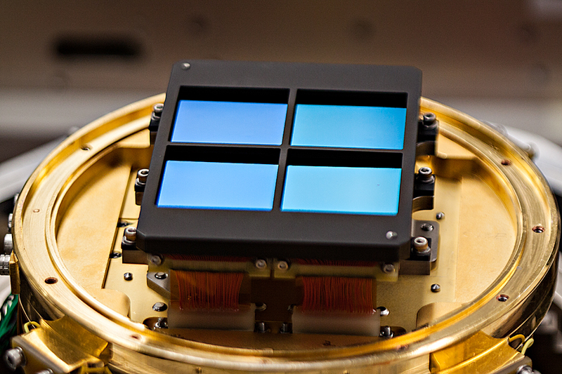 Sensor array for the NIRCam instrument, designed and tested by Marcia Rieke's research group at Steward Observatory. For the sensors to detect infrared light, Webb and its instruments must be kept as cool as possible. Credit: Marcia Rieke.