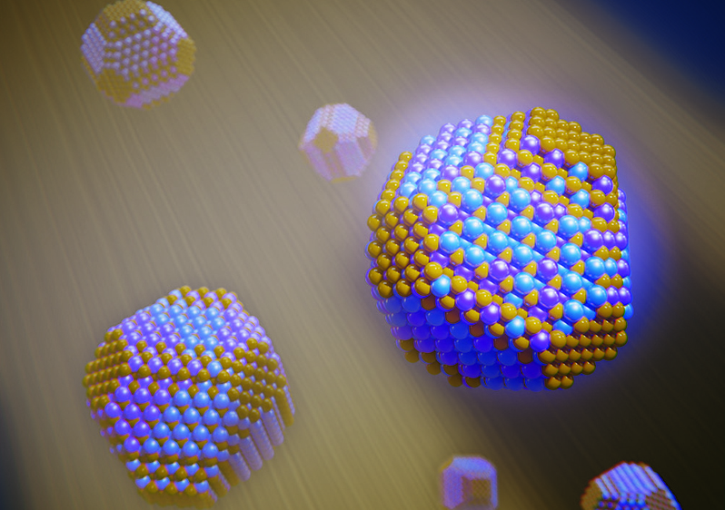Artistic illustration of the homogenous cation distribution achieved inside the AgBiS2 nanocrystals. &copy; ICFO / Scixel.
