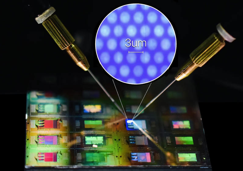 

MicroLED arrays for AR built on a 300mm CMOS manufacturing platform. Image: Micledi Microdisplays BV.
