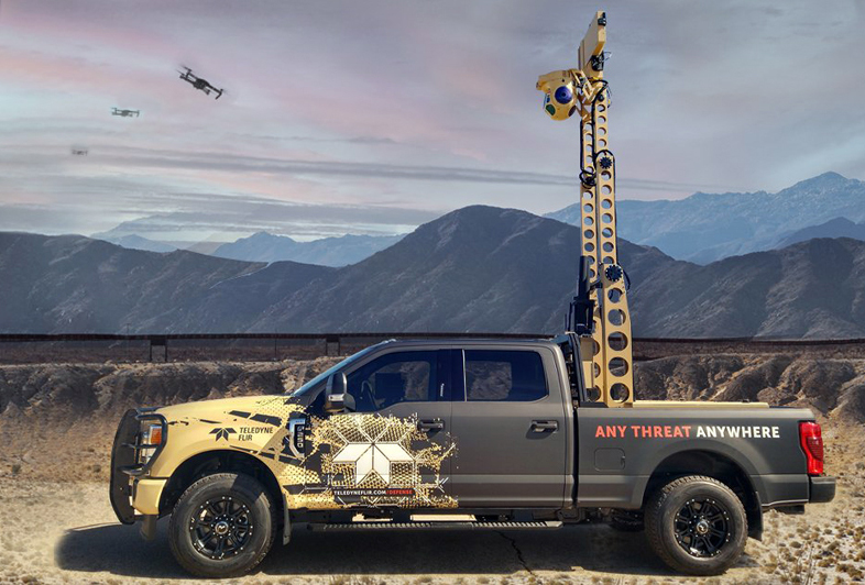 Flir's new Lightweight Vehicle Surveillance System truck. Next-generation Air Domain Awareness confirms clear airspace and boosts counter-drone operations beyond line of sight. Photo: Teledyne FLIR Defense.