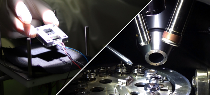 

(Left) A contacted tandem solar cell in the solar simulator at University of Wuppertal; and (right) the apparatus for measuring the energy levels by spectroscopy at University of Cologne. Credits: left: Cedric Kreusel, Wuppertal; right: Selina Olthof, Cologne.
