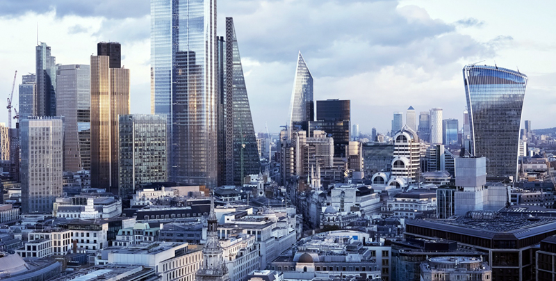 London, city skyline financial district including The Scalpel, Cheesegrater (122 Leadenhall Street) Heron Tower, Walkie Talkie (20 Fenchurch Street), Tower 42, 100 Bishopsgate, 22 Bishopsgate at sunset. Image courtesy of BT / Toshiba.