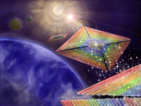 NASA's concept for a diffractive solar sail, potentially fabricated using thin films of metamaterial gratings. The approach could enable navigation by redirecting solar pressure, and the agency sees potential applications accessing orbits around the poles of the sun that are difficult to navigate into with conventional propulsion methods. Image: NASA.