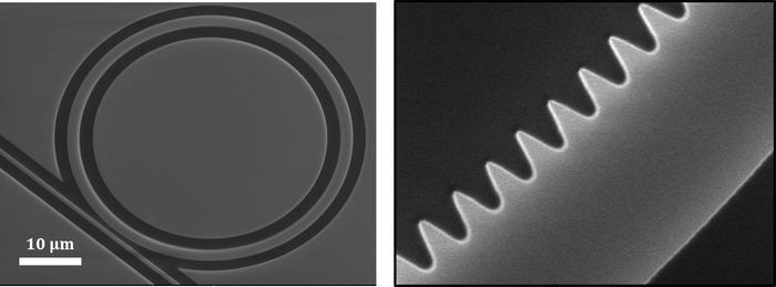 CREOL researchers have demonstrated a silicon-based optical communication link that combines two multiplexing technologies to create 40 optical data channels. The ring-shaped photonic crystal resonator (left) features a nanopattern inside (right) that splits a selected resonant mode for comb generation. Images taken with scanning electron microscopy. Credit: Su-Peng Yu, NIST.
