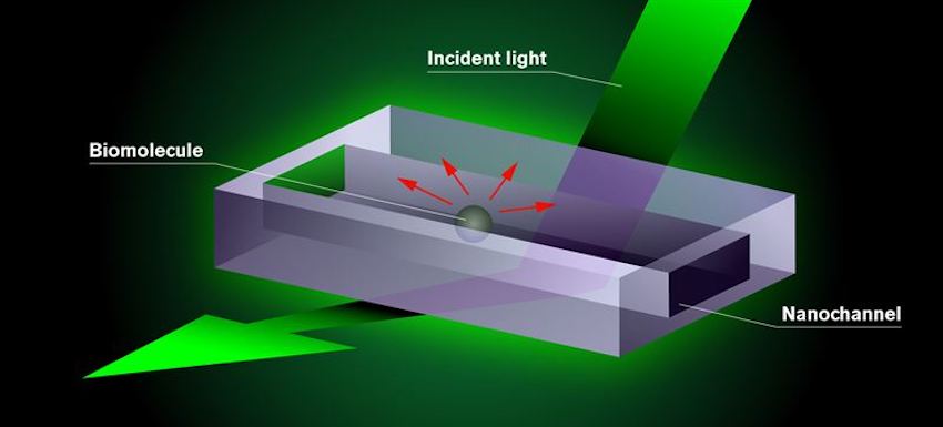 Biomolecules and test fluid are added to the nanochannels, mounted in an optical dark-field microscope. The molecule appears as a dark shadow moving freely inside the channel. The darkness of the shadow is proportional to the mass of the molecule, due to an interference effect from the interaction of the light with the nanochannel and the molecule. Credit: Chalmers University of Technology/Yen Strandqvist/Daniel Spacek/Neuron Collective.