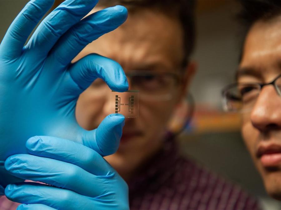 Penn State researchers used a new laser writing technique to develop the first highly customizable microscale gas sensing devices. Credit: Kelby Hochreither/Penn State.
