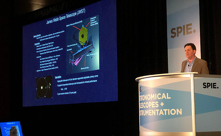 JWST Optical Telescope Element Manager Lee Feinberg speaking at SPIE Astronomical Telescopes + Instrumentation conference in 2018. Photo: SPIE.