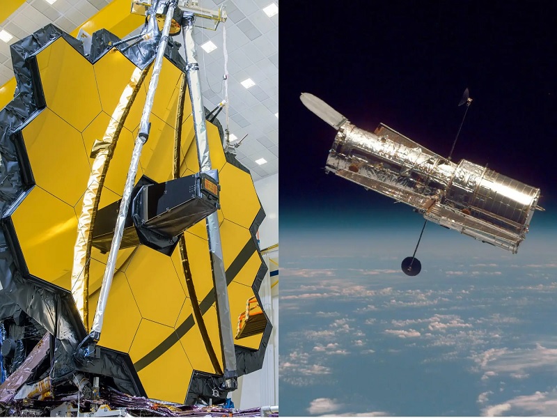 Now and then: the JWST and the Hubble. Image credits: NASA.