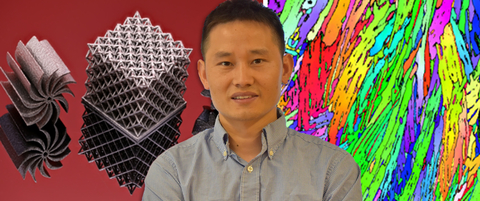 Wen Chen, assistant professor of mechanical and industrial engineering at UMass Amherst, stands in front of images of 3D printed high-entropy alloy components (heatsink fan and octect lattice, left) and a cross-sectional electron backscatter diffraction inverse-pole figure map demonstrating a randomly oriented nanolamella microstructure (right).