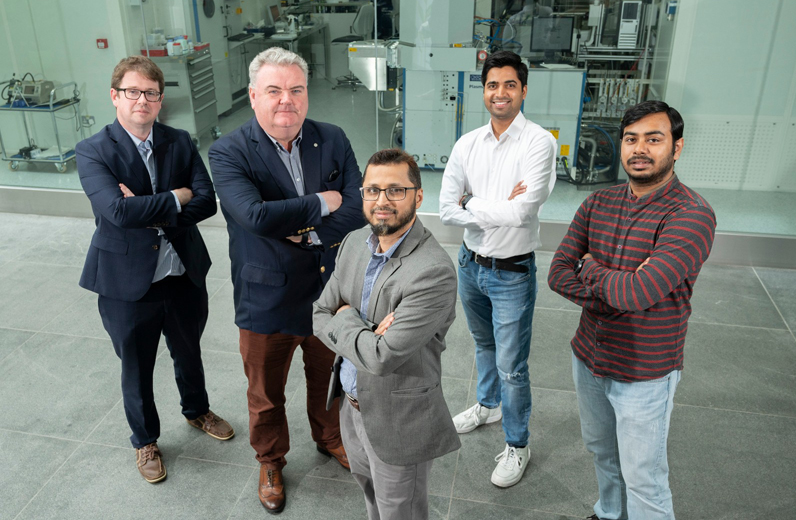 The team: (L-R) Padraig Lyons (IERC), John Mullins, (Amarenco Solar), and Shafi Khadem, Sandipan Patra, and Rohit Trivedi (all IERC). Image courtesy of IERC / Tyndall.