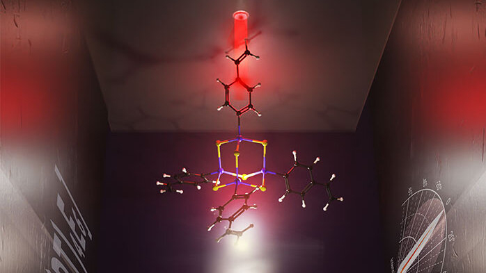 Upon irradiation by infrared light, adamantane-based molecular clusters with the general composition [(RT)4E5] (with R = organic group; T = C, Si, Ge, Sn; E = O, S, Se, Te, NH, CH2, ON&bull;) emit highly directional white light. Image credit: Elisa Monte, Justus-Liebig-Universit&auml;t Gie&szlig;en.
